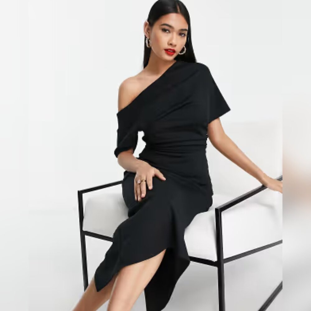 ASOS DESIGN pleated shoulder midi pencil dress in black Sz6 NWOT
